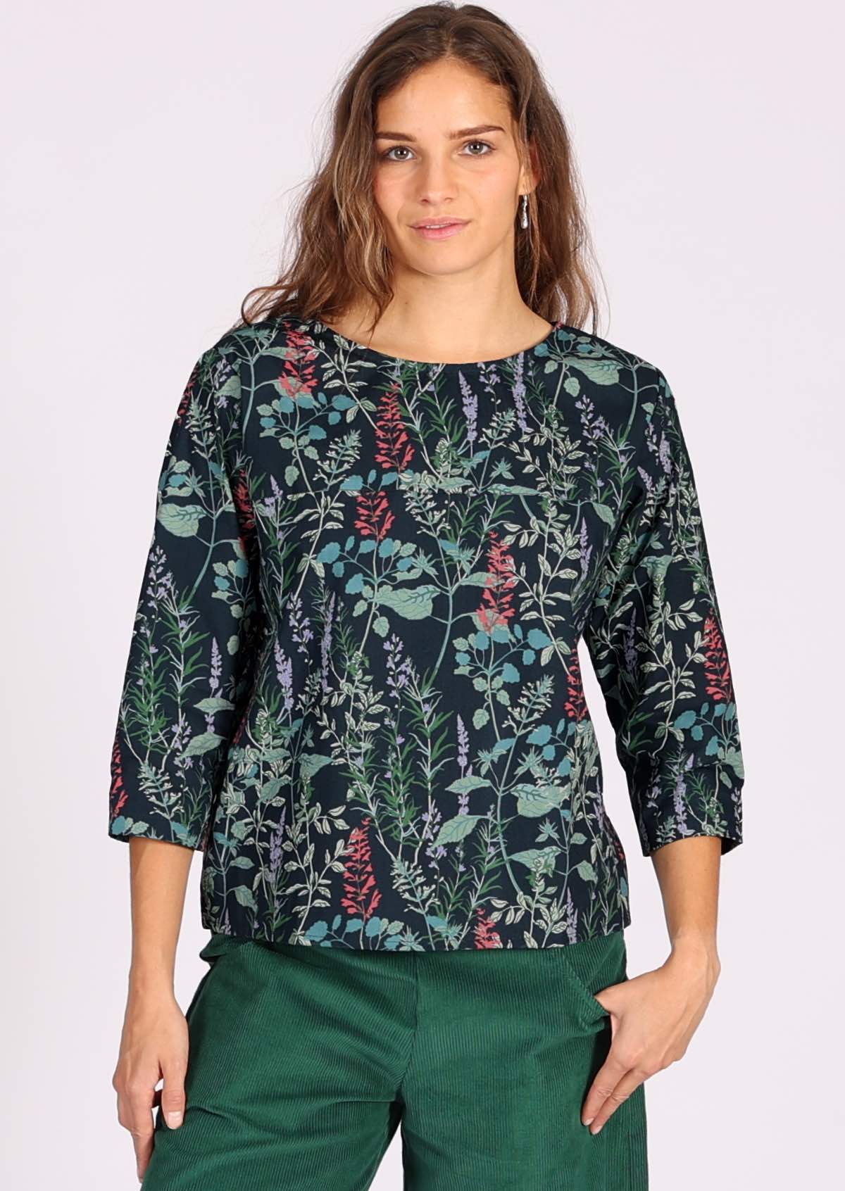 Dark teal based floral print cotton relaxed fit top with 3/4 sleeves