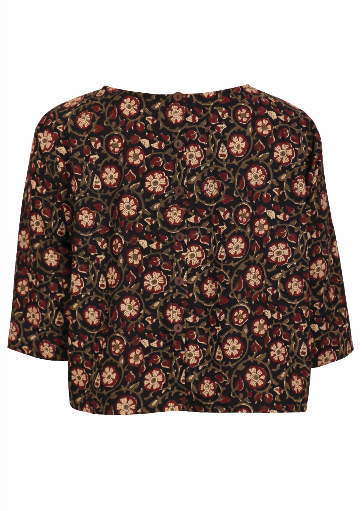 Loose fit, boxy cotton top with 3/4 sleeves   and decorative buttons down at the center of the back.