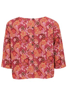 Japanese-style print cotton top in pink, maroon, brown, peach, and khaki tones with buttons down the back.