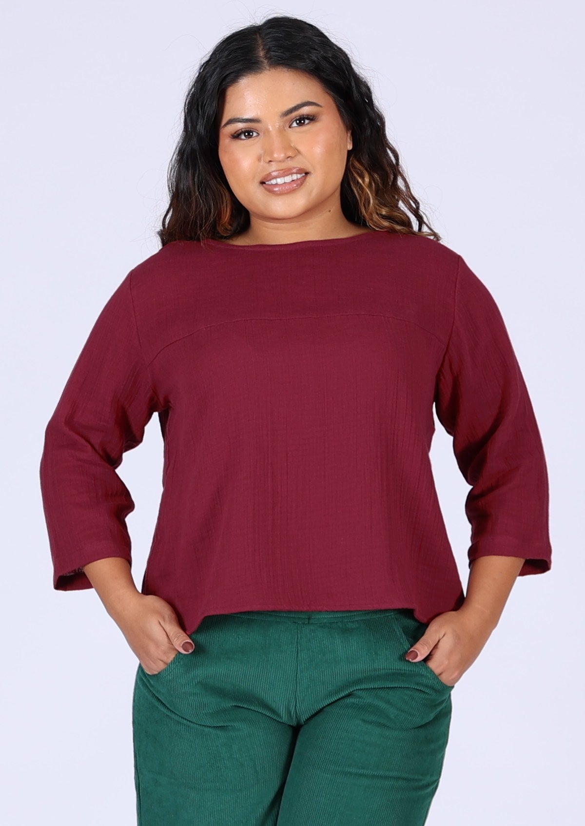 Double cotton top in gorgeous rich warm red looks great over jeans