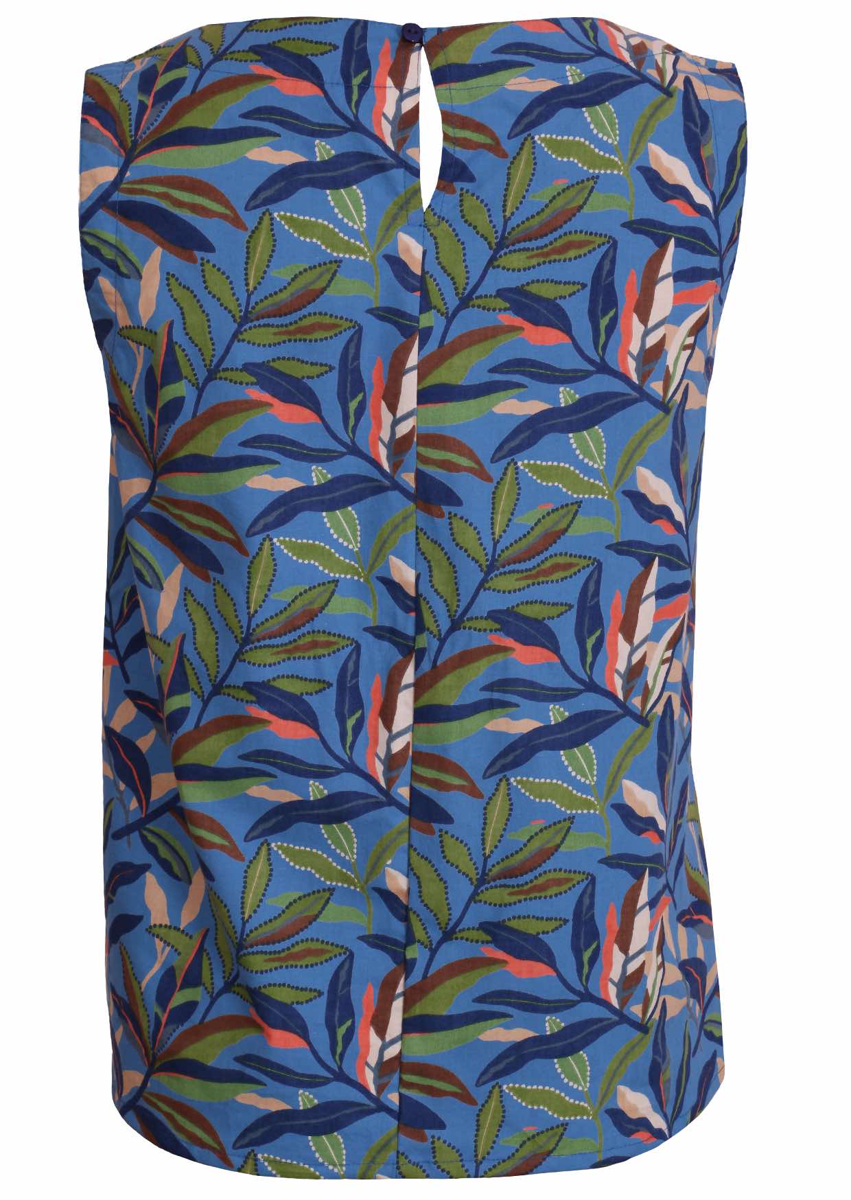 100 percent cotton blue leafy print sleeveless top with high round neckline and button close at nape of neck back view