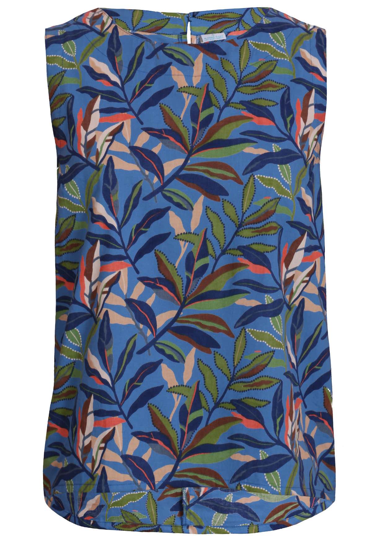 100 percent cotton blue leafy print sleeveless top with high round neckline front view