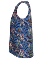 100 percent cotton blue leafy print sleeveless top with high round neckline and button close at nape of neck side view