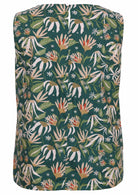 Back mannequin photo of cotton sleeveless top in green based floral print, with button closure at the nape of neck