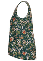 Side mannequin photo of sleeveless cotton floral green top that is longer at the back