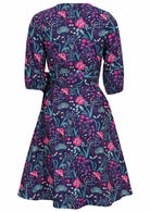  long sleeve navy and purple floral cotton wrap dress back picture 