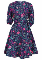  long sleeve navy and purple floral cotton wrap dress front picture 