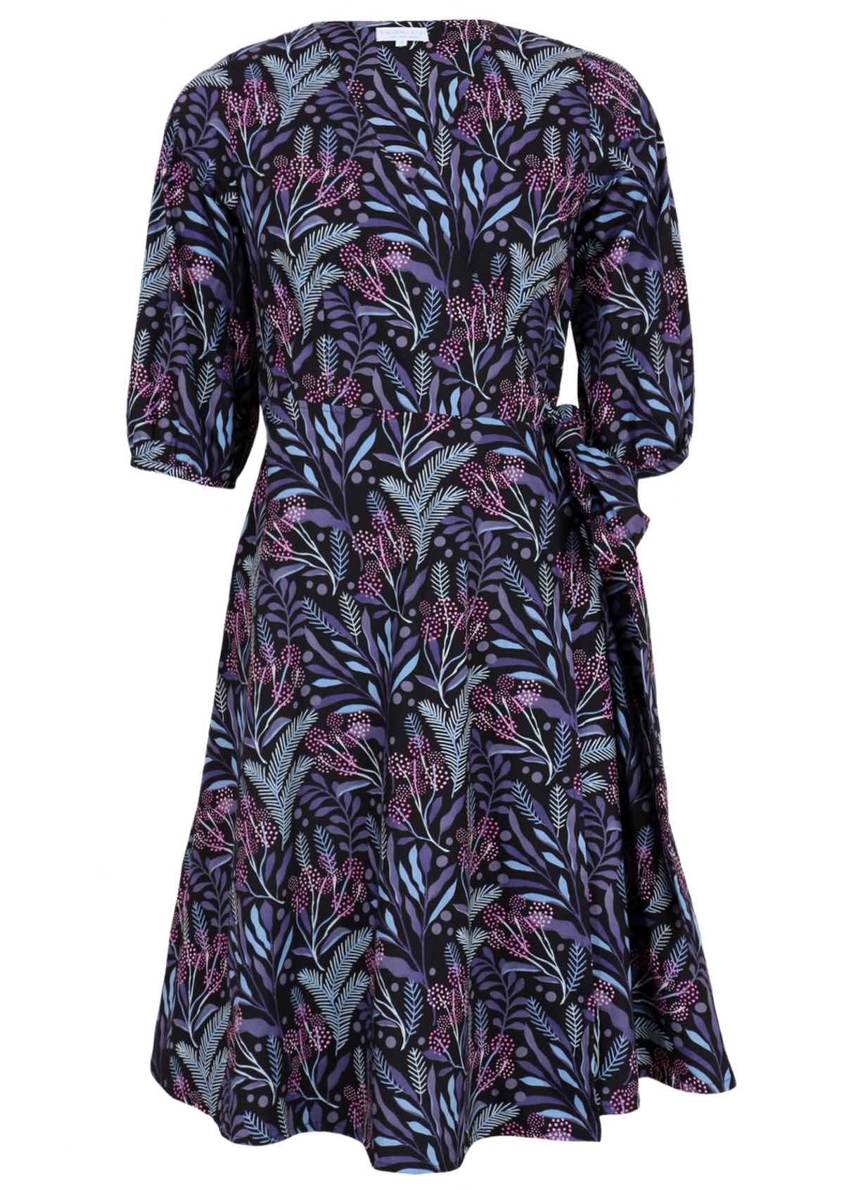 100% cotton wrap dress in stunning botanical print on black base