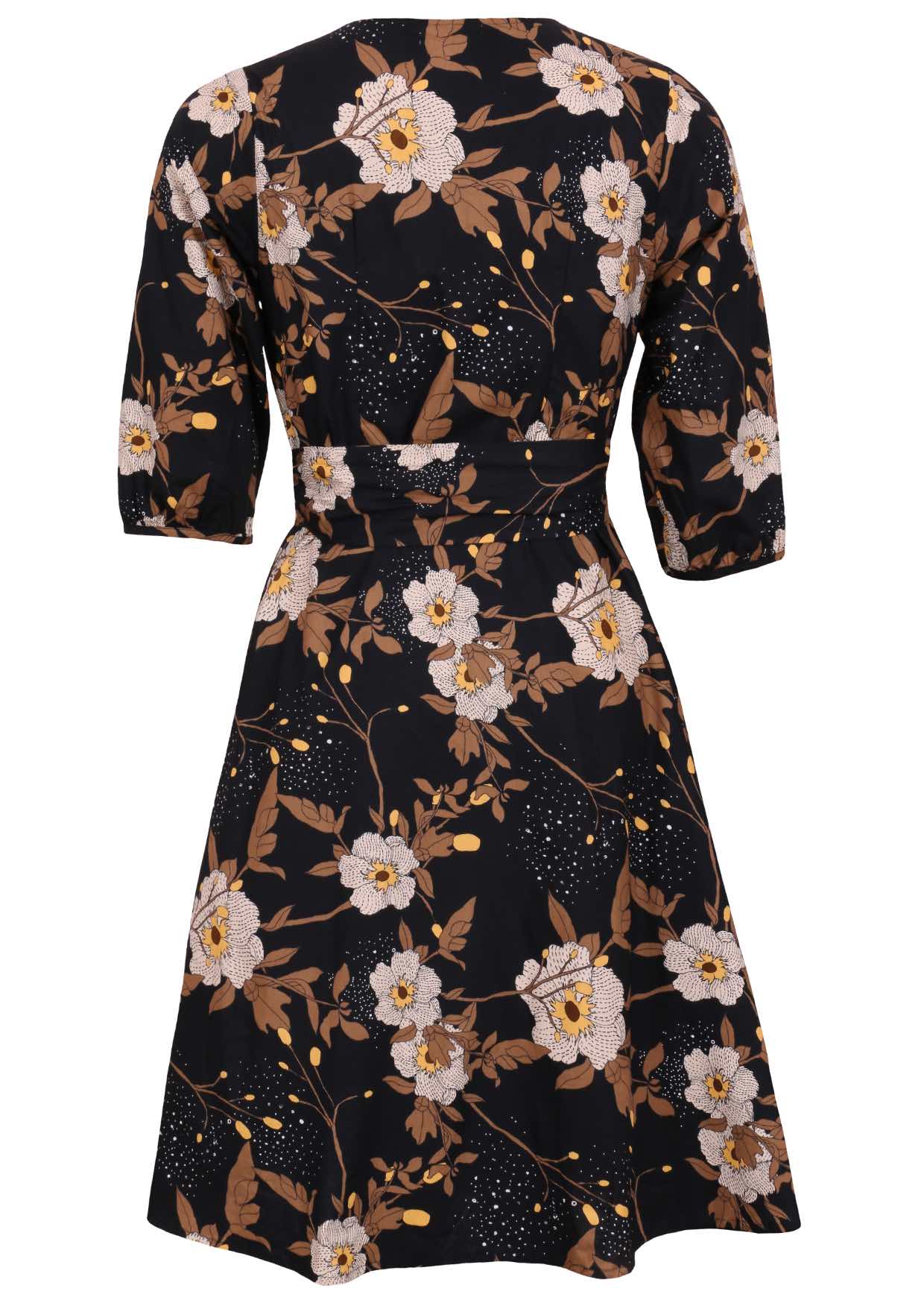 Back image of 3/4 sleeved cotton wrap dress with a flowing skirt and black floral print.
