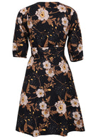 Back image of 3/4 sleeved cotton wrap dress with a flowing skirt and black floral print.