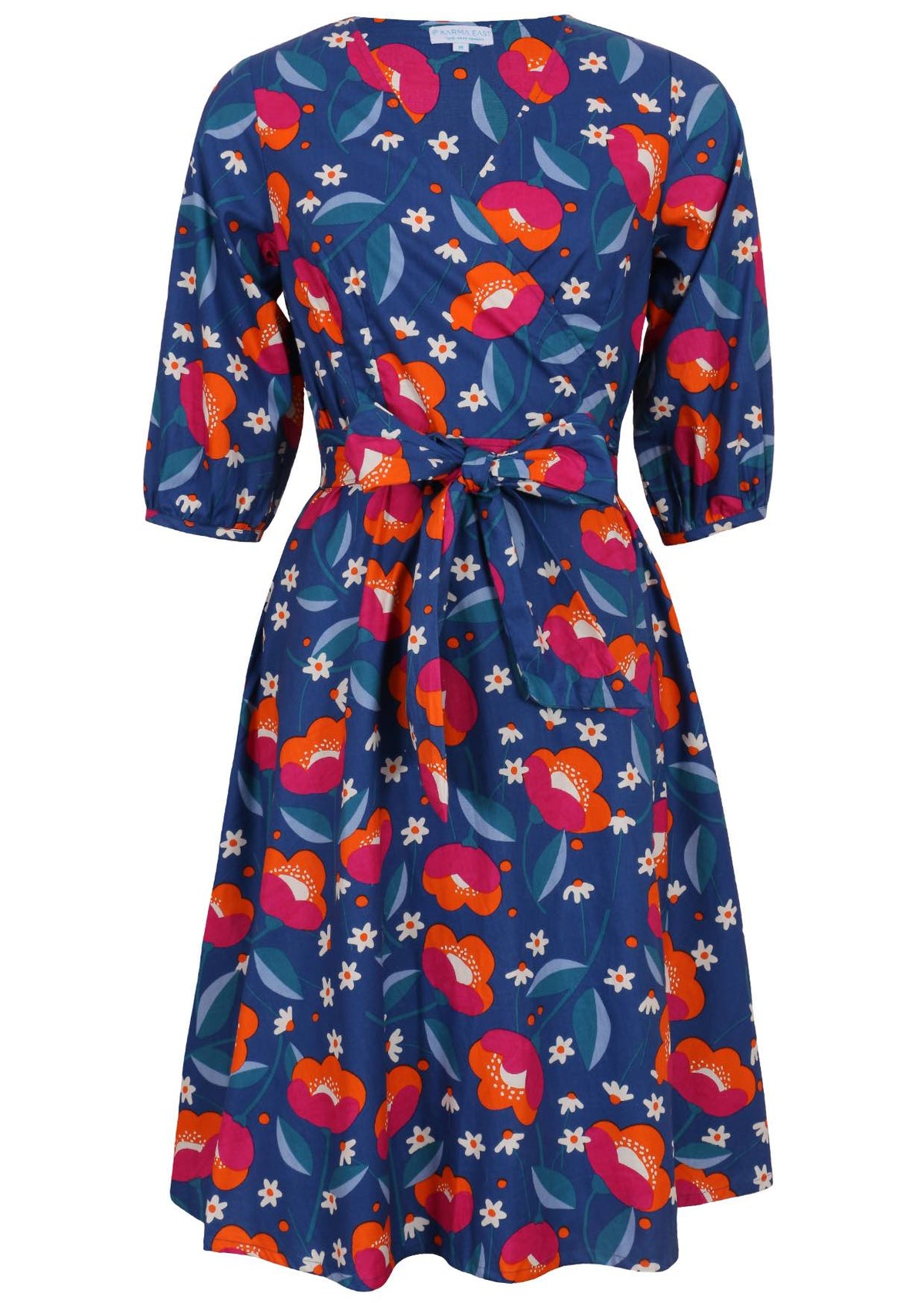100% cotton, over the knee length wrap dress with 3/4 sleeves and pockets