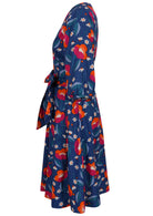 100% cotton midi length wrap dress with 3/4 sleeves and side pockets.