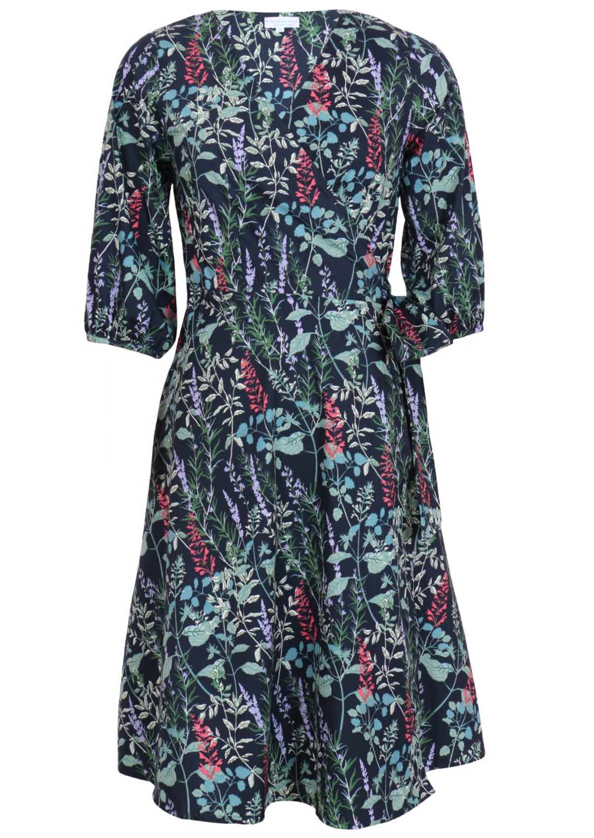 100% cotton wrap dress with V-neckline and 3/4 sleeves