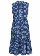 Front mannequin photo of cotton sleeveless midi length buttoned bodice dress in blue floral print