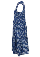 Side mannequin photo of cotton sleeveless midi length dress with hidden side pockets in blue floral print