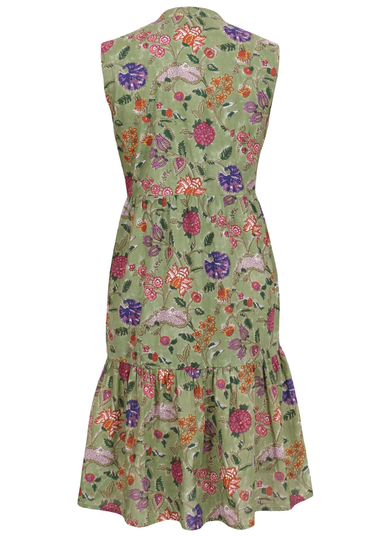 Green based multi-coloured folk art style florals, midi cotton dress.