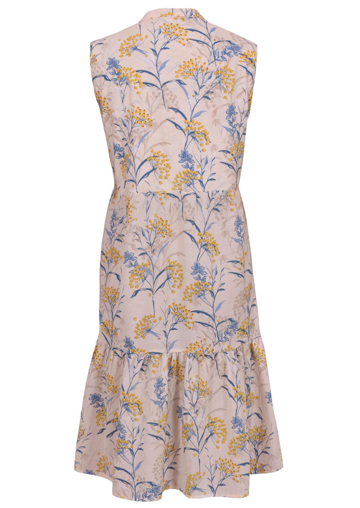 Back view of sleeveless, below knee length cotton dress with two tiered skirt in neutral based floral print 