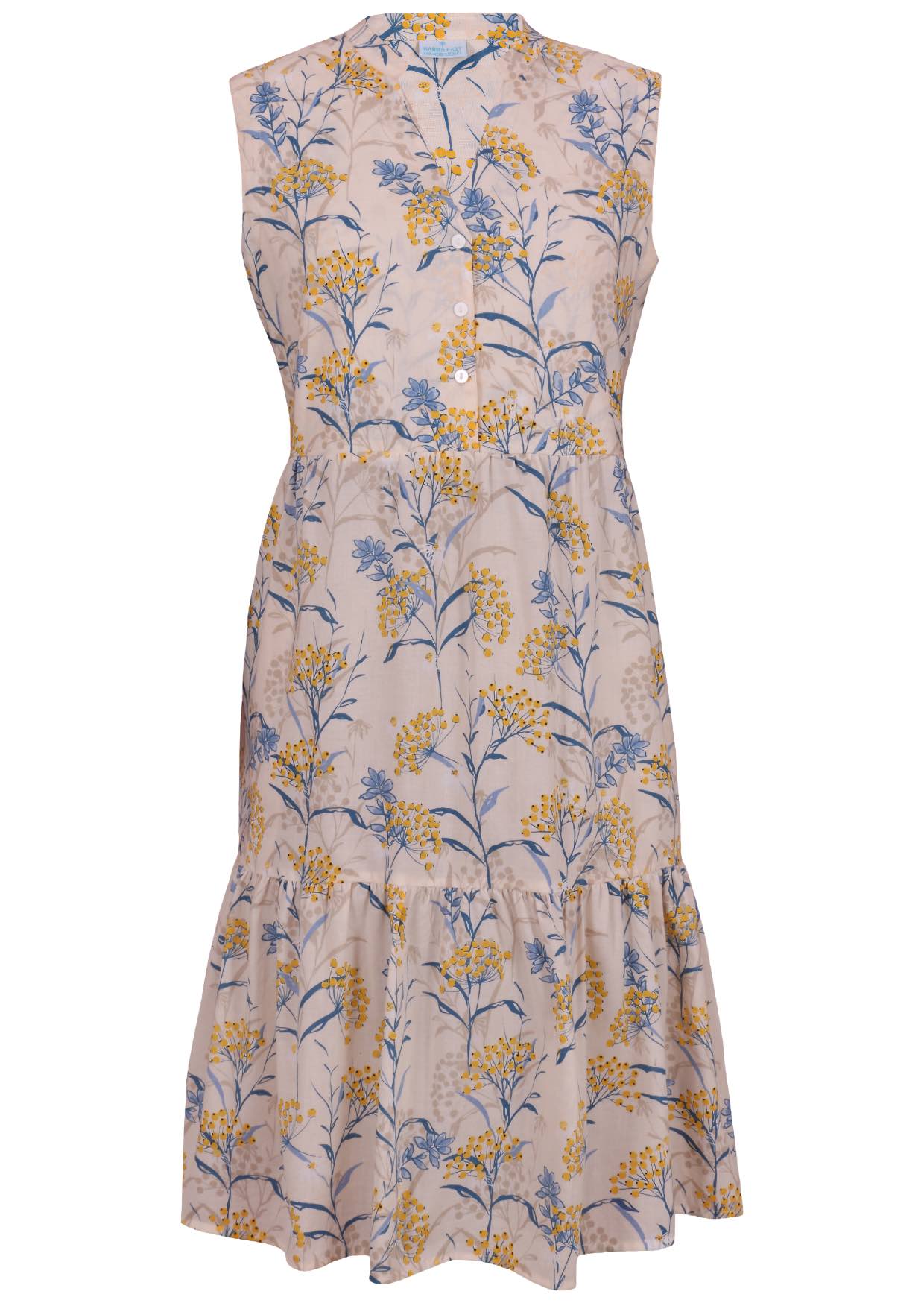 100% cotton sleeveless neutral based floral print dress with buttoned bodice, mandarin collar and two tiered skirt 