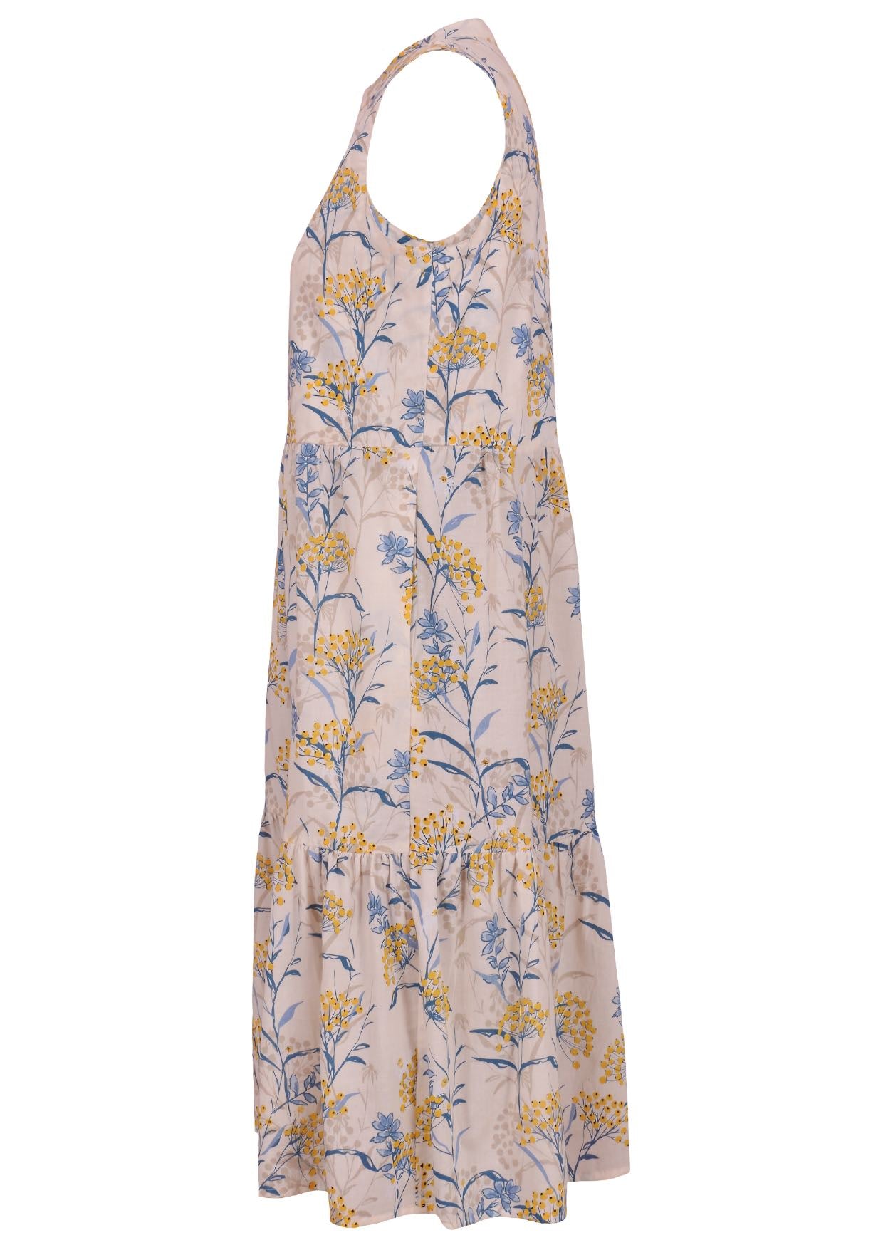 Relaxed fit sleeveless cotton dress with buttoned bodice, pockets and flowy two tiered skirt
