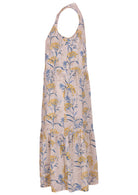 Relaxed fit sleeveless cotton dress with buttoned bodice, pockets and flowy two tiered skirt
