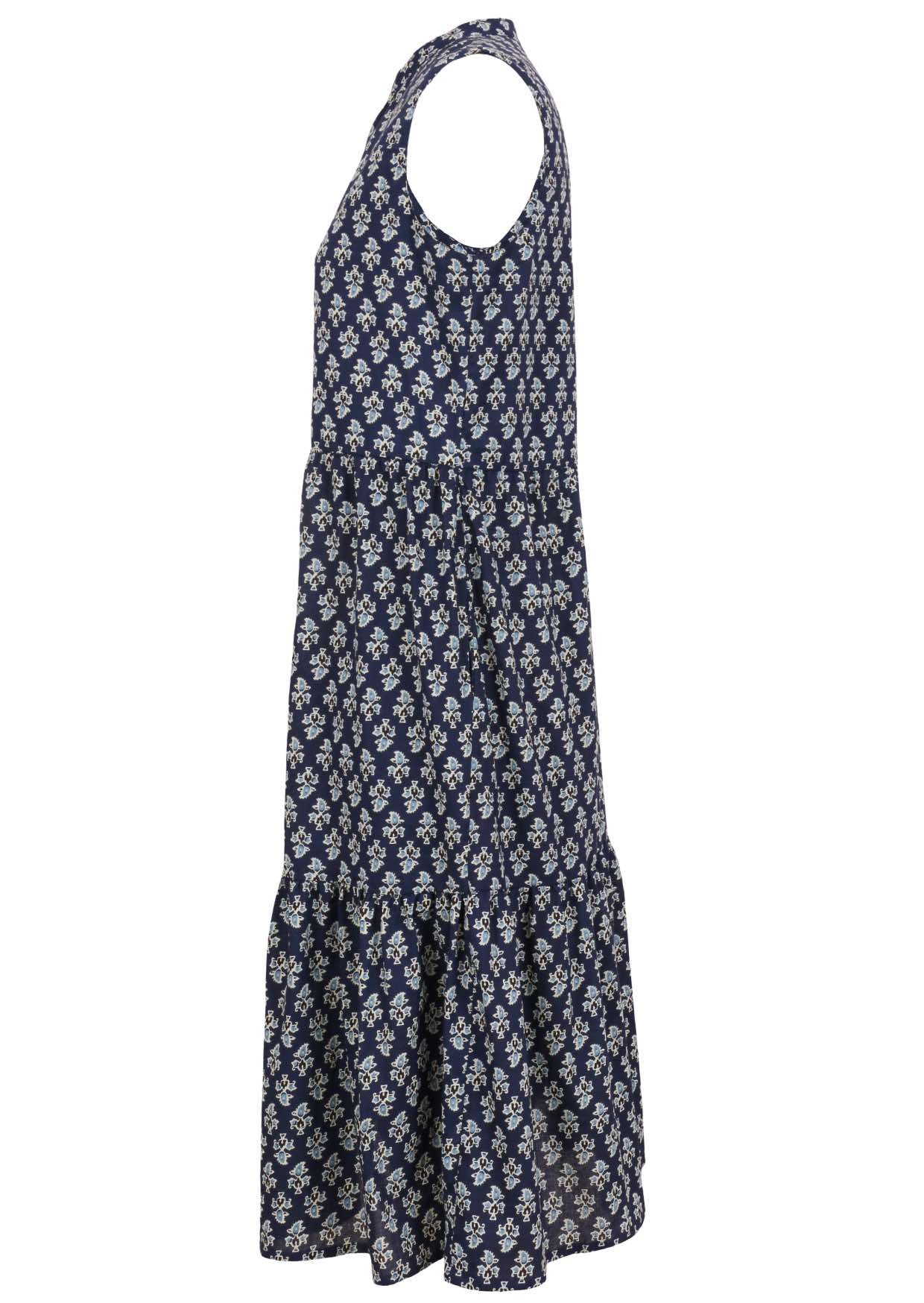 Relaxed fit sleeveless cotton dress with buttoned bodice, pockets and flowy two tiered skirt