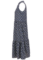 Relaxed fit sleeveless cotton dress with buttoned bodice, pockets and flowy two tiered skirt