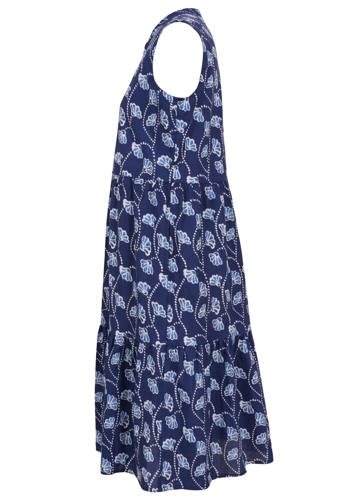 Relaxed fit sleeveless cotton dress with buttoned bodice, pockets and flowy two tiered skirt