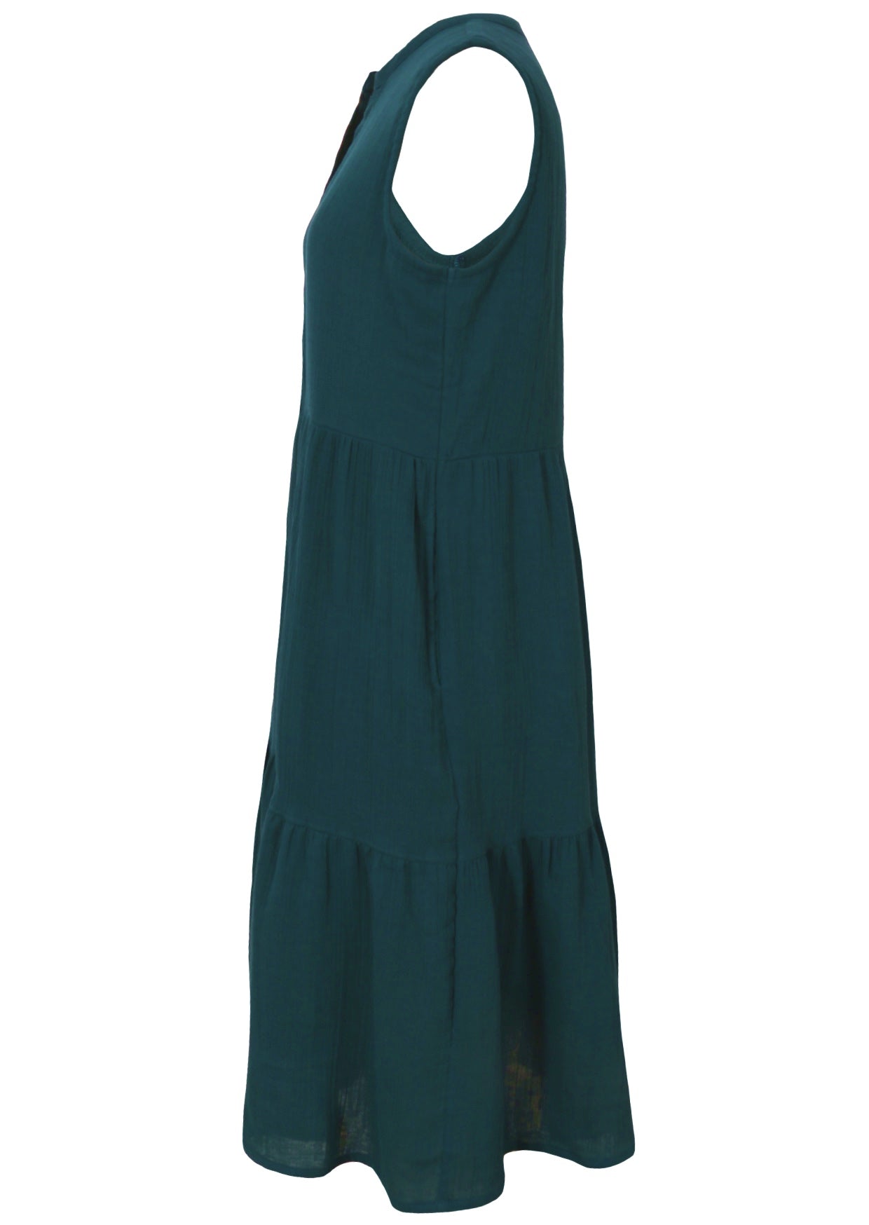 Side view of  the Ember Midi Dress Deep Teal showing the flowing tiered skirt