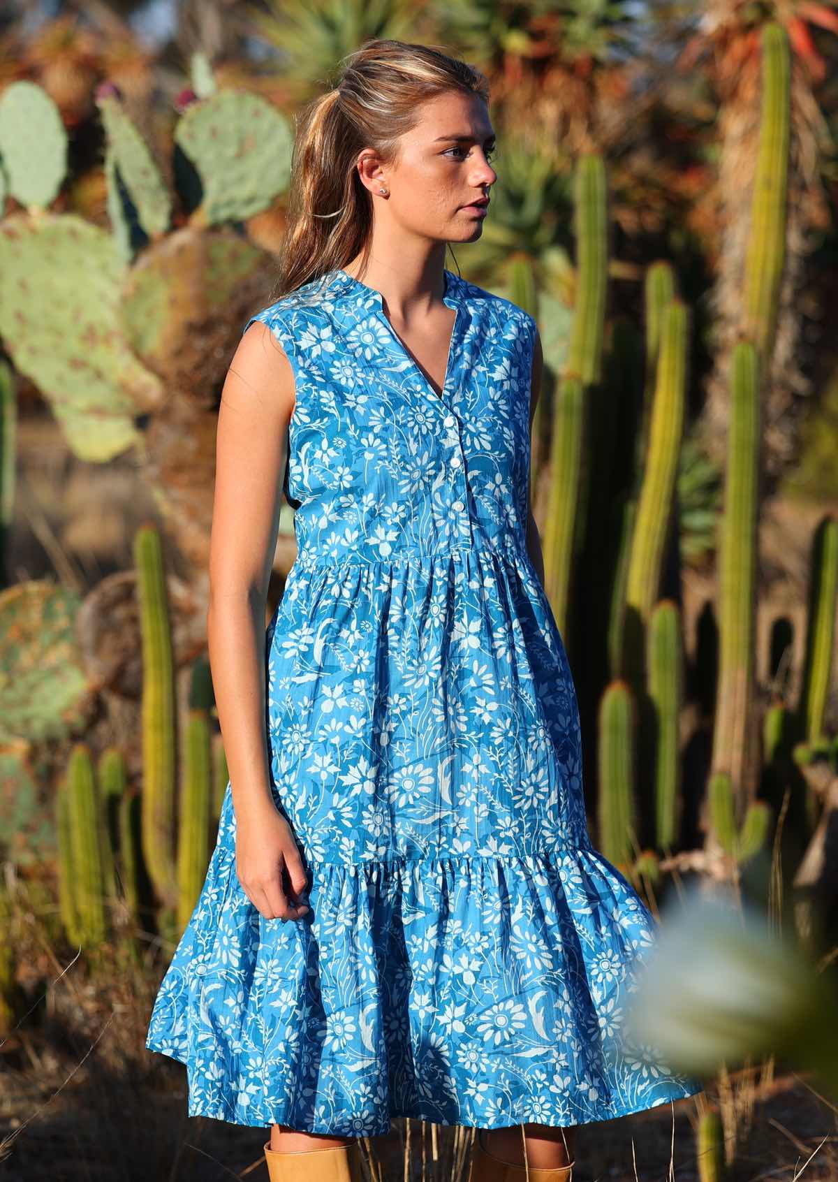 woman in blue floral 100% cotton sundress 