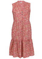 100% cotton sleeveless rose pink based vintage style floral print dress with buttoned bodice, mandarin collar and two tiered skirt 