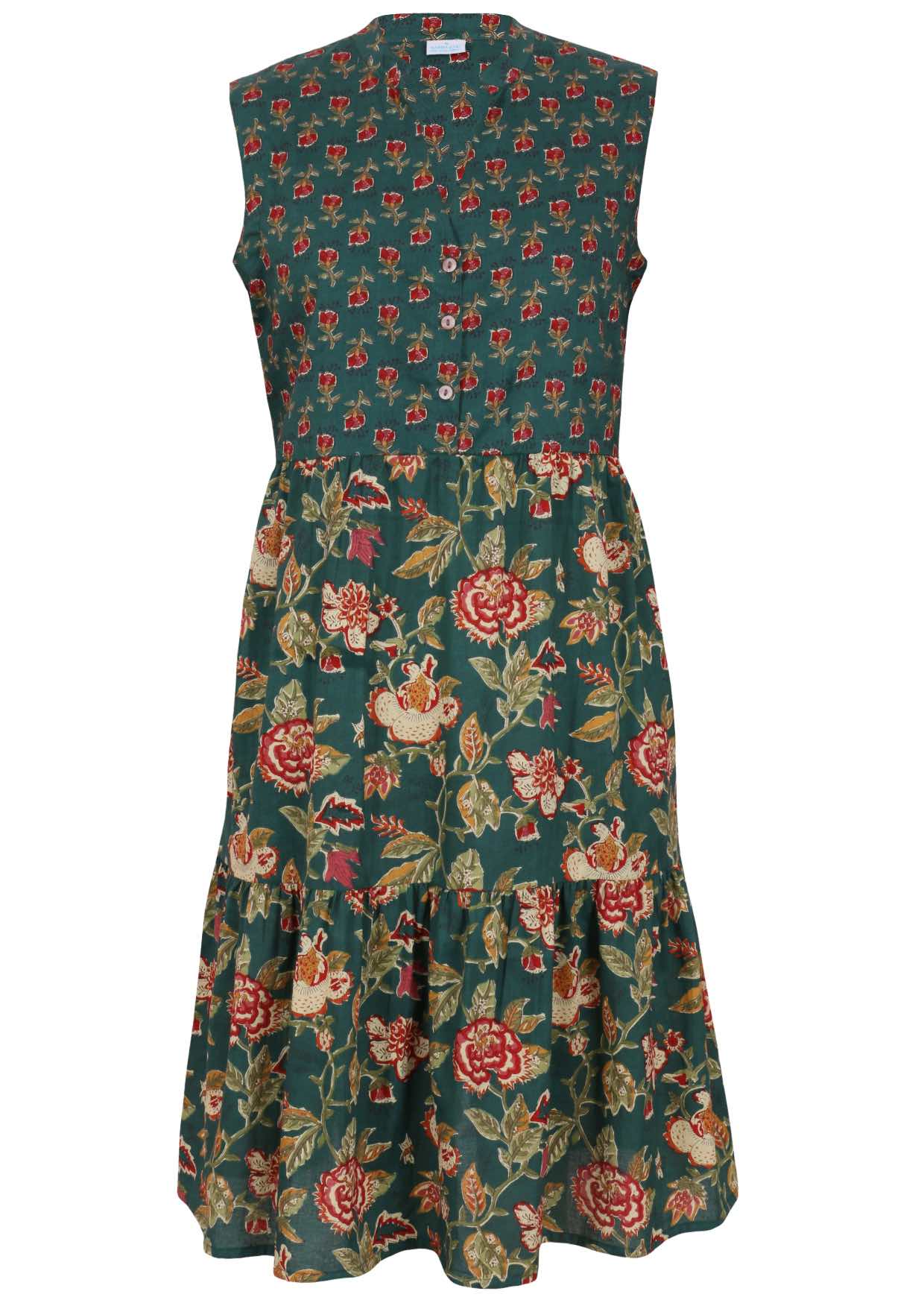 100% cotton sleeveless green based floral print dress with buttoned bodice, mandarin collar and two tiered skirt 