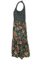 Relaxed fit sleeveless cotton dress with buttoned bodice, pockets and flowy two tiered skirt