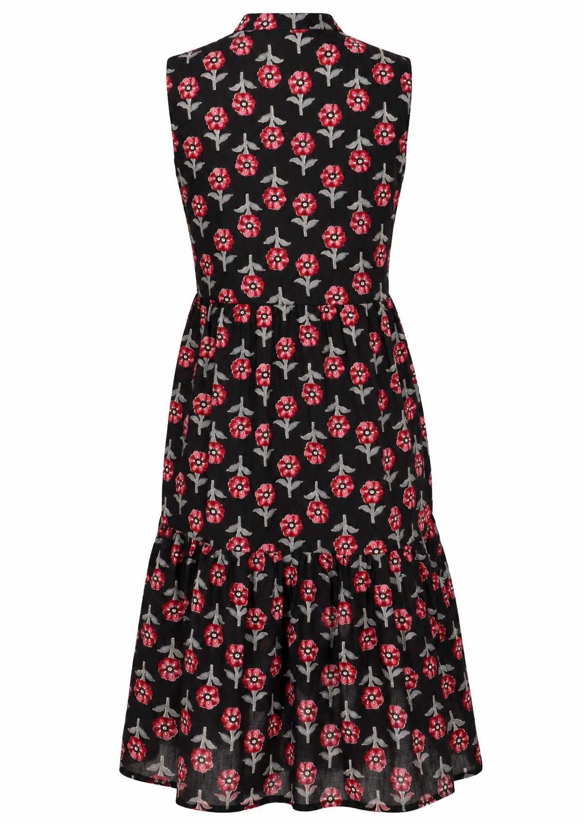 Back view of sleeveless, below knee length cotton dress with two tiered skirt in black based floral print 