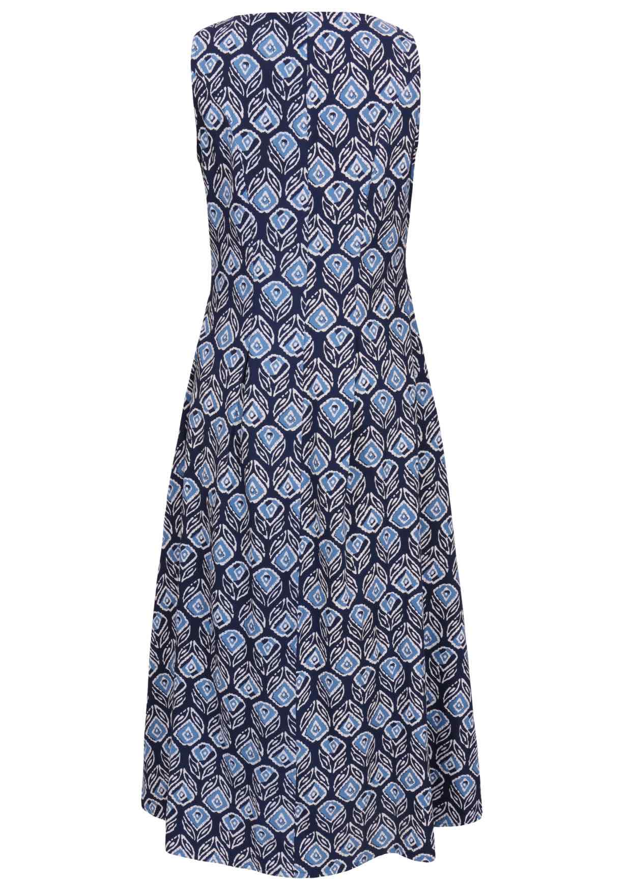 Back view of sleeveless cotton maxi dress in a navy based floral print with a high neckline