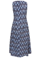 Back view of sleeveless cotton maxi dress in a navy based floral print with a high neckline