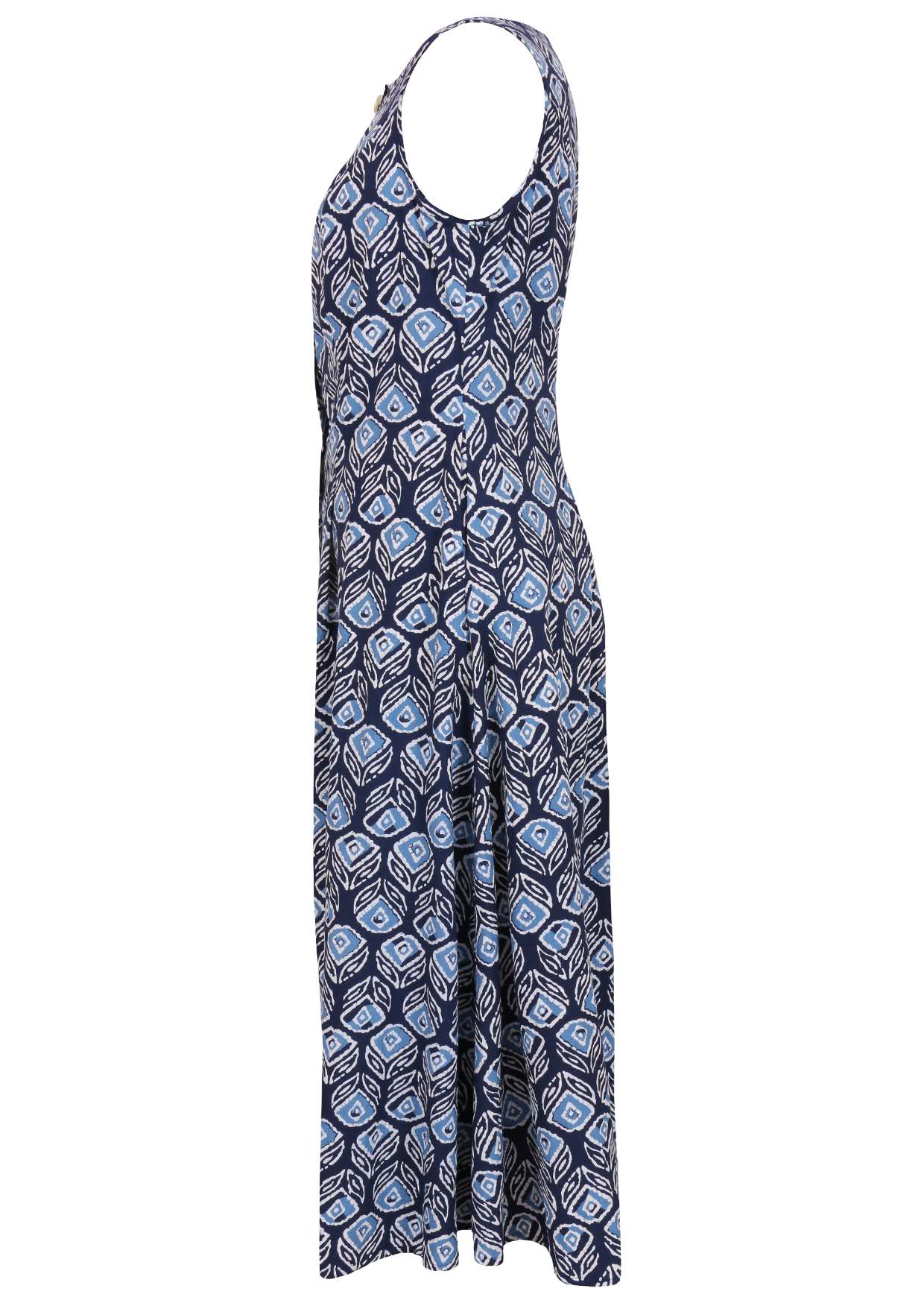 Side view of a sleeveless button through cotton maxi dress in a navy based floral print with a high neckline and hidden side pockets