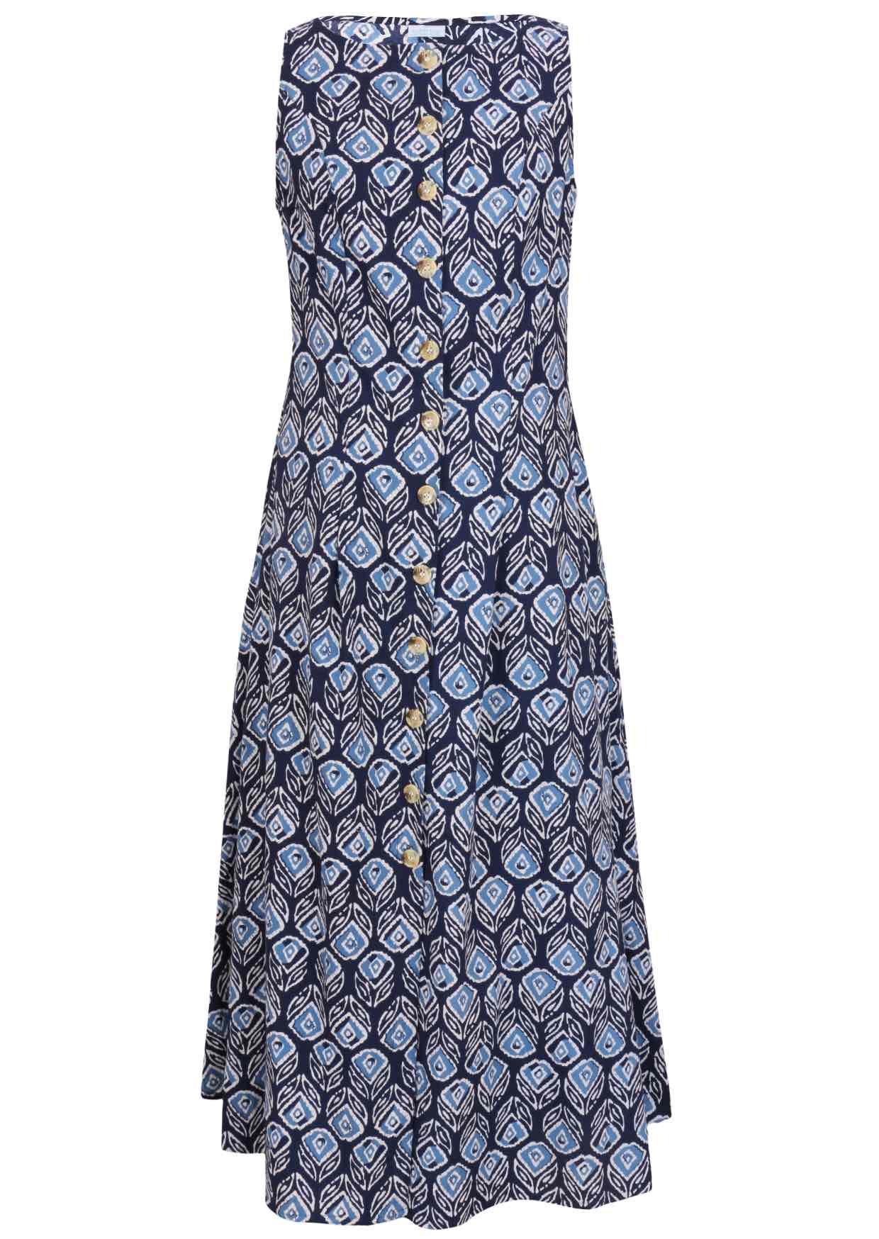 Sleeveless button through cotton maxi dress in a navy based floral print with a high neckline