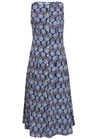 Sleeveless button through cotton maxi dress in a navy based floral print with a high neckline