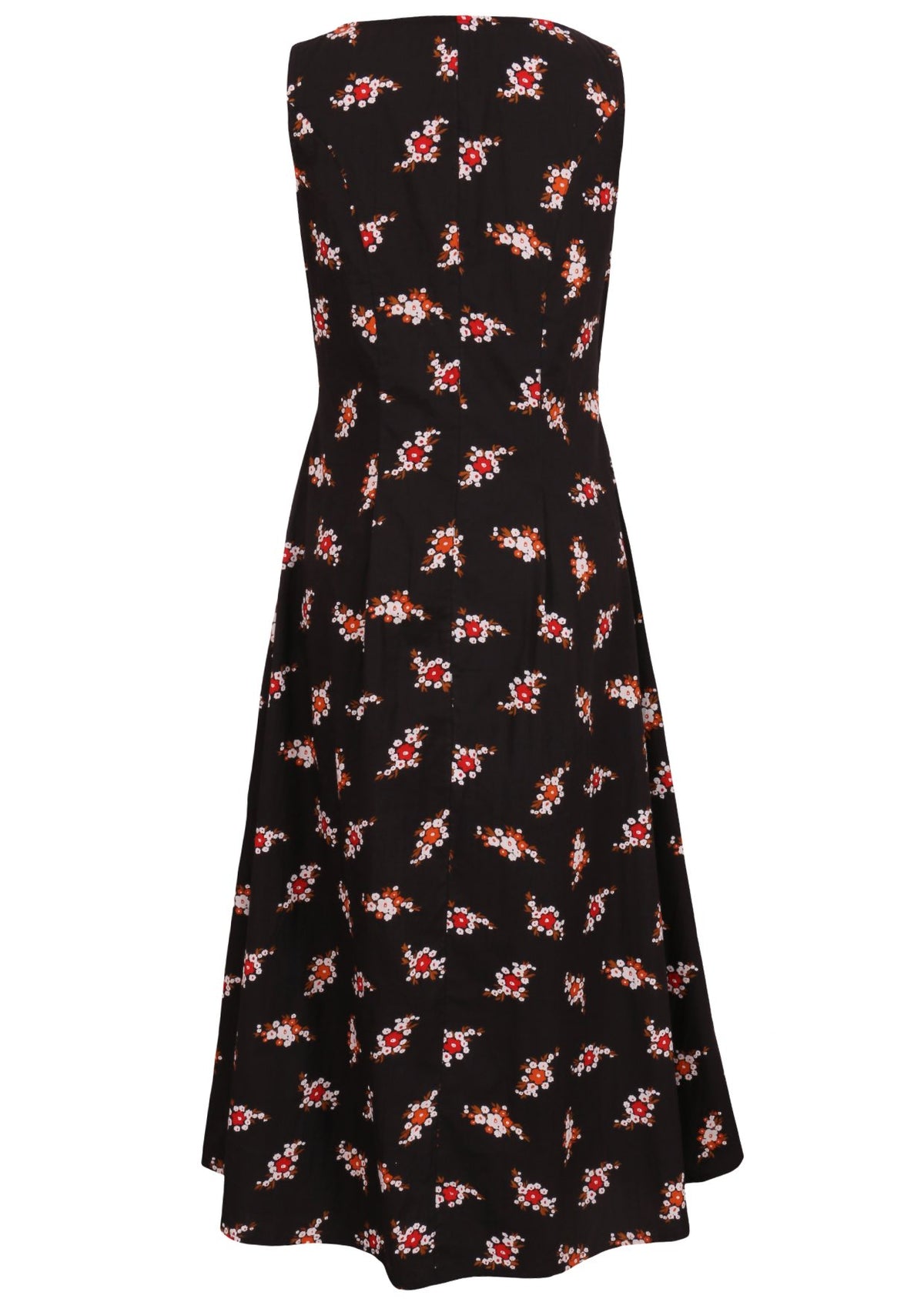 Back view of a sleeveless cotton maxi dress with floral clusters on a black base