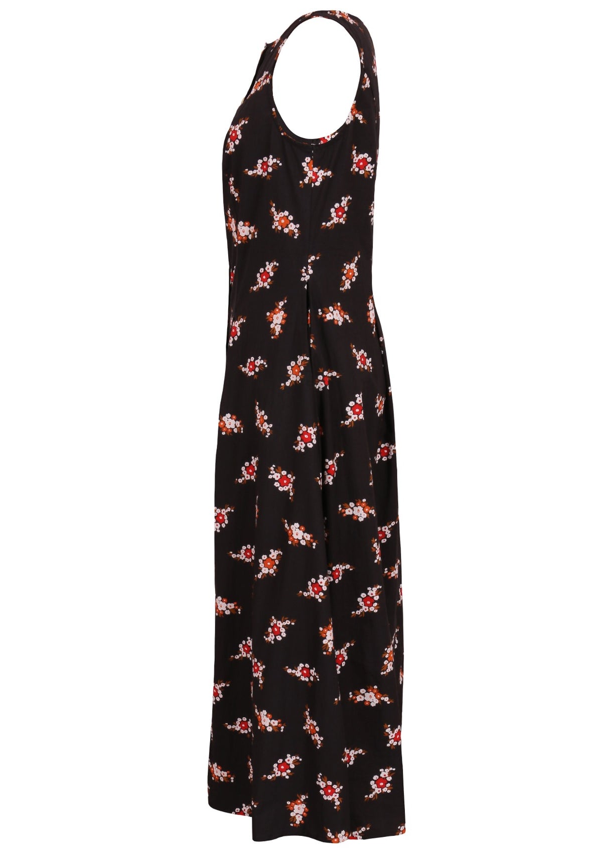 Side view of a sleeveless cotton maxi dress with floral clusters on a black base