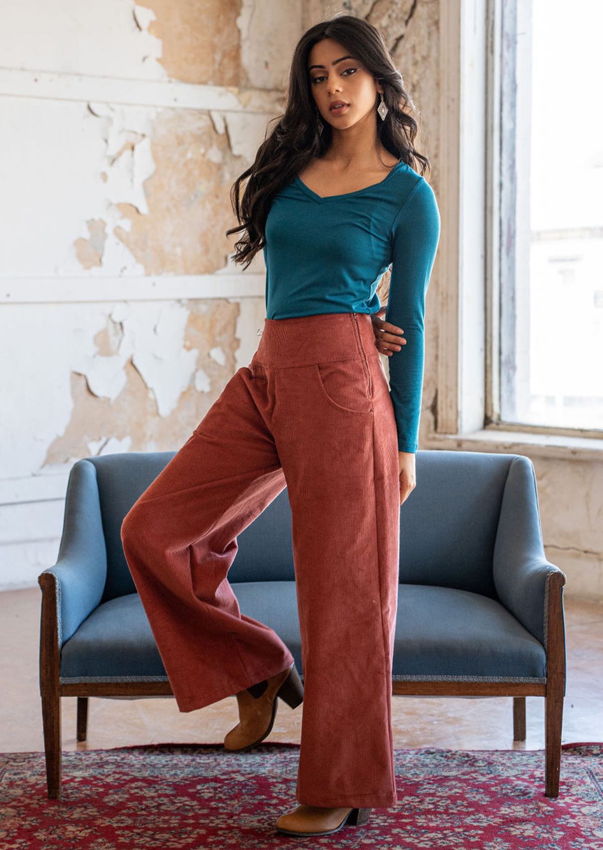 Cotton Corduroy Wide Leg Esta Pants Terracotta | Karma East Australia