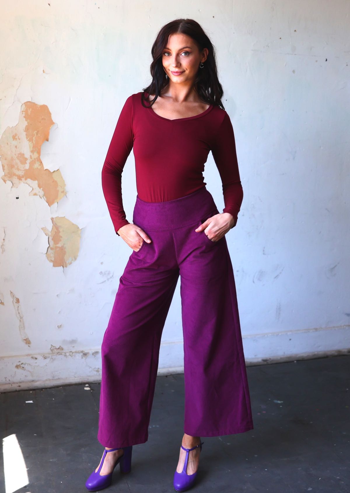 Cotton Corduroy Wide Leg Esta Pants Plum Purple | Karma East Australia