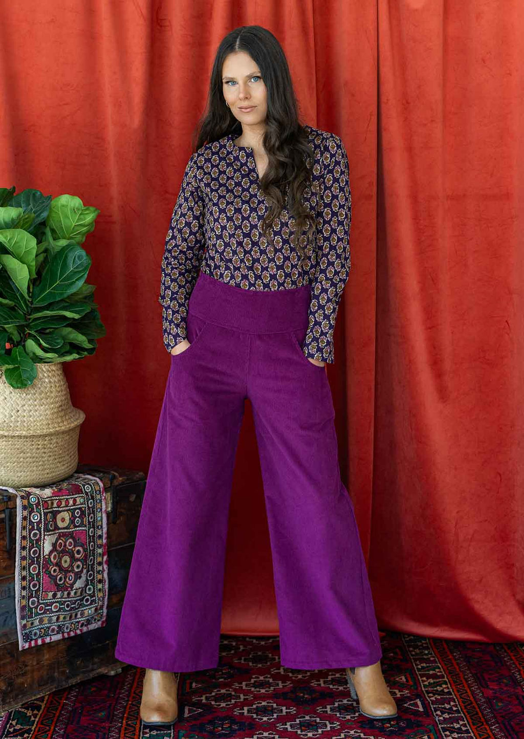 Cotton Corduroy Wide Leg Esta Pants Plum Purple | Karma East Australia