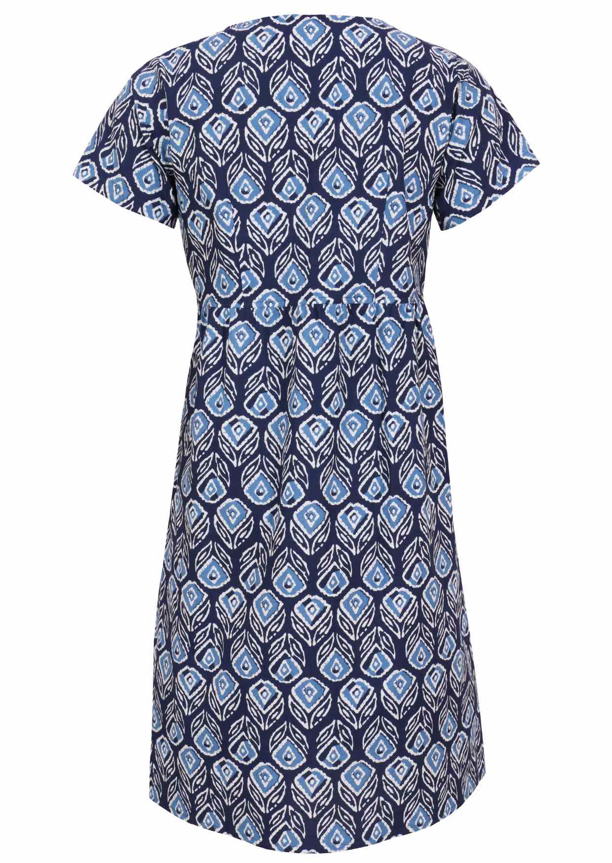 Back image of relaxed fit, 100% cotton dress in navy blue based floral print.