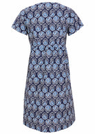 Back image of relaxed fit, 100% cotton dress in navy blue based floral print.