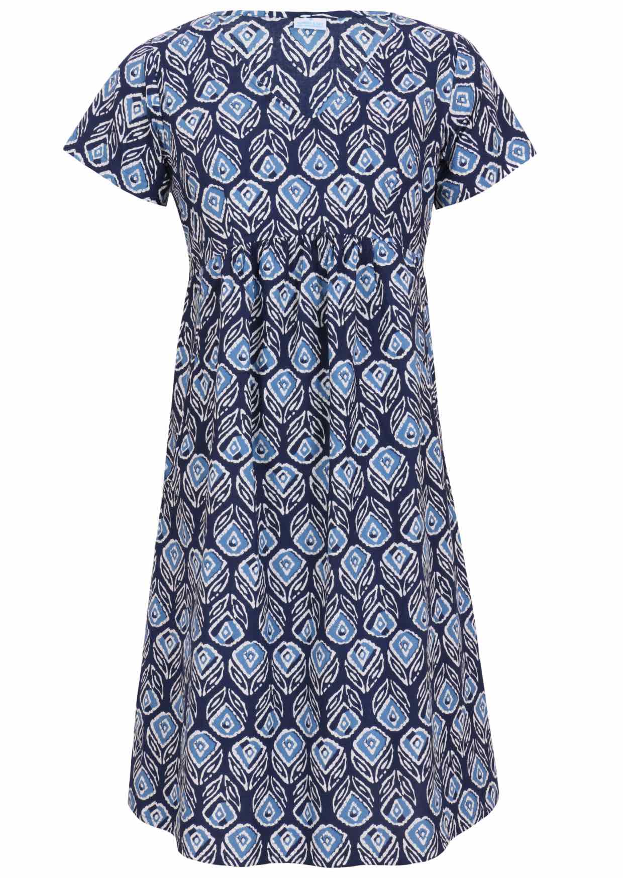 100% cotton, short sleeve dress with V neckline in navy blue based floral print.