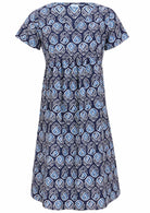 100% cotton, short sleeve dress with V neckline in navy blue based floral print.