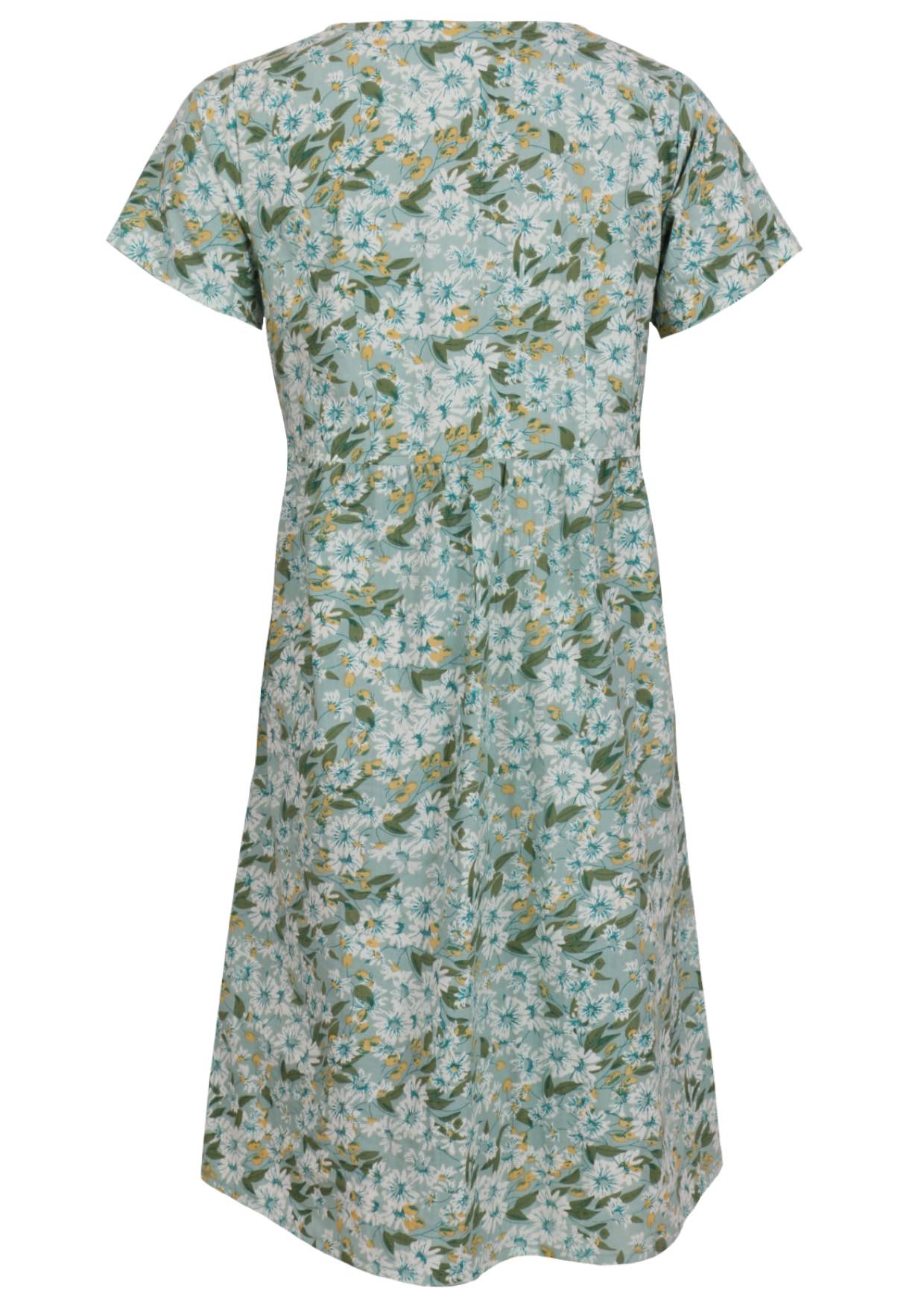 Back image of relaxed fit, 100% cotton dress in sage green based floral print.