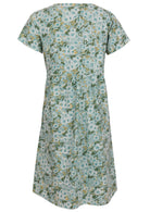 Back image of relaxed fit, 100% cotton dress in sage green based floral print.