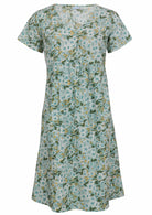 100% cotton, short sleeve dress with V neckline in sage green based floral print.